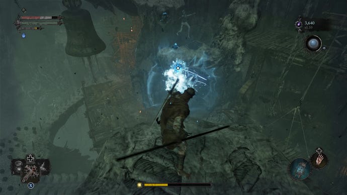 A screenshot from Lords Of The Fallen that shows the player tug a platform towards them using the Umbral lantern.
