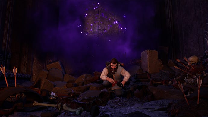 A Dwarf crouches next to a purple Door Of Durin in LOTR: Return To Moria.