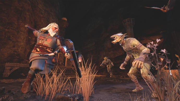 A Dwarf swings at a small armoured orc in LOTR: Return To Moria.