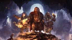 Three Dwarves stand atop a rock, looking out at a large cavern in LOTR: Return To Moria.