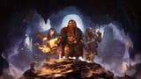 The Lord of the Rings: Return to Moria artwork showing three dwarves in a cave standing on a large rock