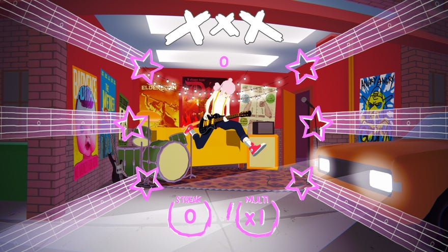 Pink-haired teen girl Astrid does a pop-punk jump with her guitar in a Loud screenshot.