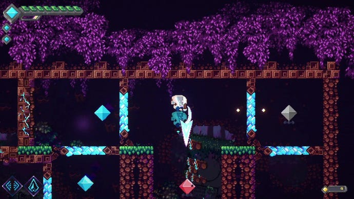 A warrior in a fur coat slashes downward in a forest platforming scene in Lucid.