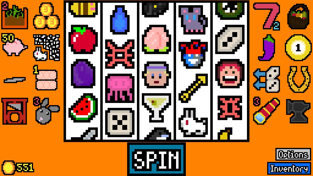 A slot machine, full of symbols that include rabbots, bees and peaches