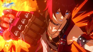 Luke, from Honkai Star Rail, stands in the middle of the screen, demonstrating an attack with firey fists.