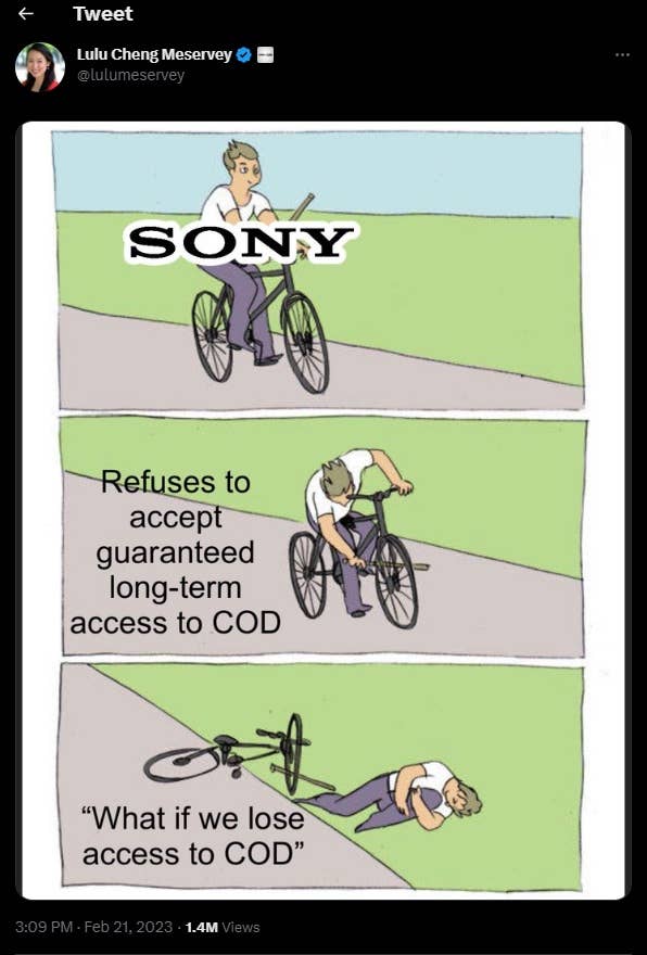A tweet from Activision Blizzard's Lulu Cheng Meservey showing a boy riding a bike and sticking a bar into the wheel spokes and causing himself to crash. The boy is labeled Sony, sticking the bar into the wheel is labeled "Refuses to accept guaranteed long-term access to COD" and the boy after the crash is labeled "What if we lose access to COD"
