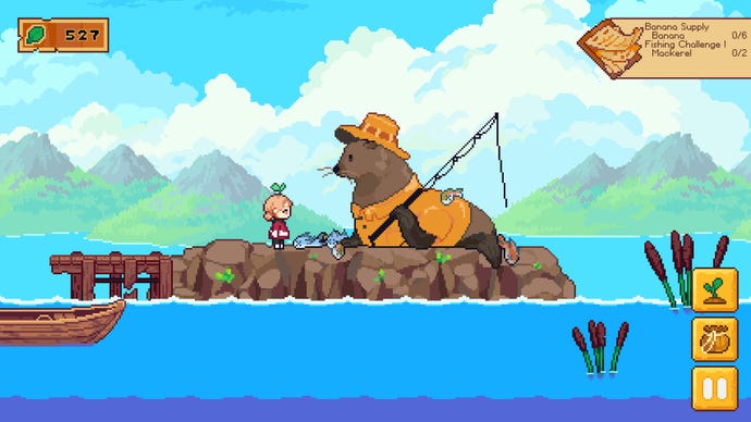 The main character in Luna's Fishing Garden having a conversation with a seal (or possibly sealion) wearing a sou'wester and holding a fishing rod.