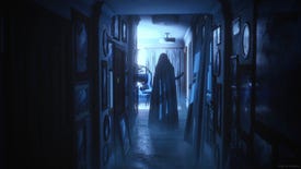 A blue-lit corridor has a ghostly figure at the end covered by a sheet in Luto.