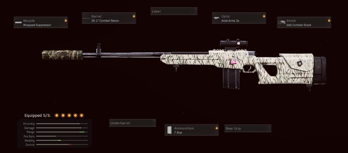 This LW3 - Tundra loadout has the wrapped suppressor, 29.1 inch combat recon, axial arms 3x, sas combat stock, and 7 round magazines.