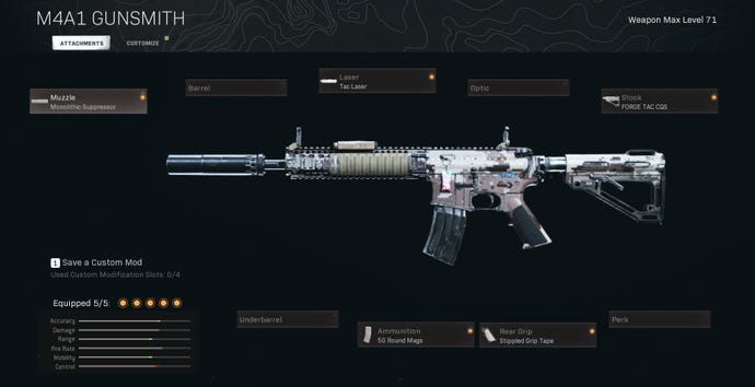 M4A1 s monolitickým potlačováním, tac laserem, kovářkou TAC CQS, 50 kulatých magů a ustavenou připevněnou páskou