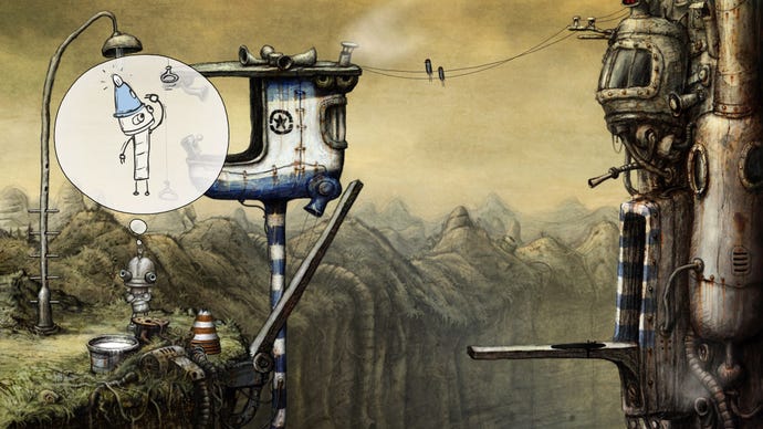 Pondering a puzzle with Machinarium's hint system.