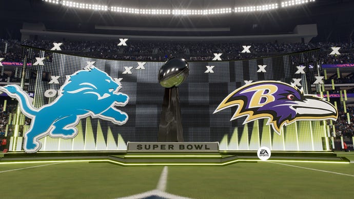 The Baltimore Ravens and Detroit Lions' logos in the Super Bowl.