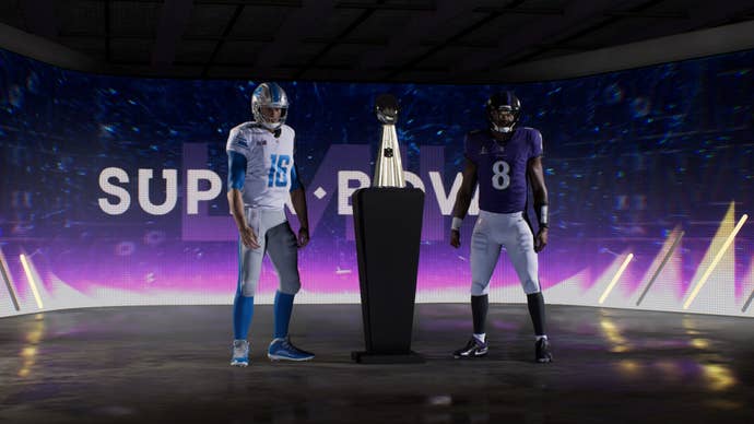 Lamar Jackson and Jared Goff standing by the Lombardi trophy in Madden 24.