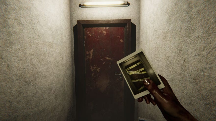 The protagonist of Madison approaches a red door, holding a polaroid of it showing it covered with police crime scene tape