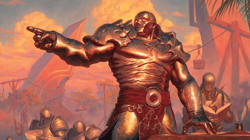 The metal construct Karn leads an excavation on the plane of Dominaria in search of something from its distant path. He points heroically into the distance in the golden light before dusk.