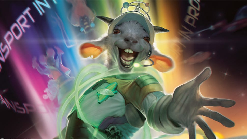 An anthropomorphic sheep greet guests to the space carnival that is the setting of Magic: The Gathering's Unfinity set, which just got a new release date of October 7th.