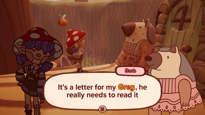 Barb the hedgehog asks the scout to deliver a letter to Greg in Mail Time