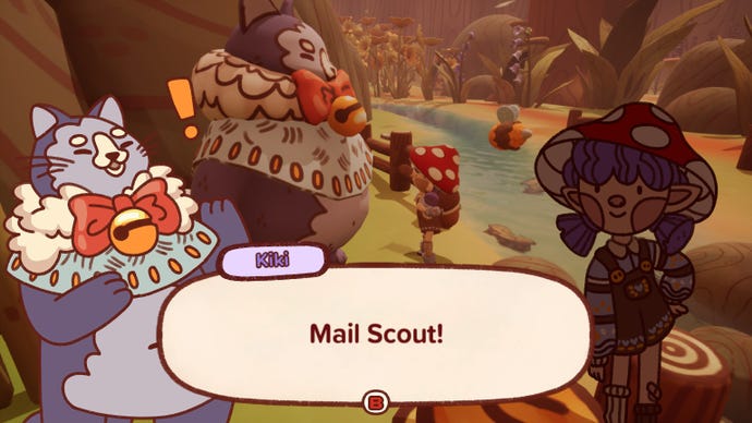 The scout chats to a large purple cat with a fancy collar with a  bell and bow in Mail Time