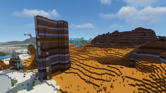 A mesa biome in Minecraft, with a tall square-like rock on the left-hand side.