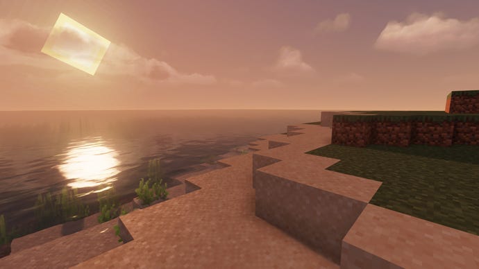 A Minecraft beach at sunset.