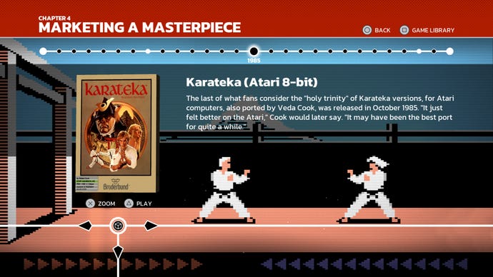 Ein Zeitleistenmenü in The Making of Karateka, das die Atari 8-Bit-Version des Spiels zeigt