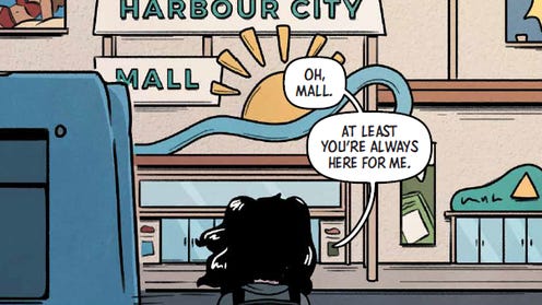 Cropped comics panel of a girl standing in front of the mall