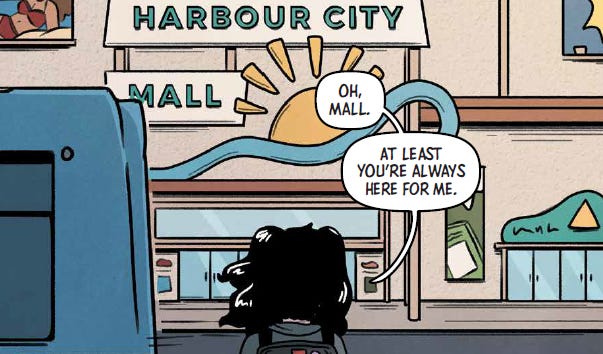 Cropped comics panel of a girl standing in front of the mall
