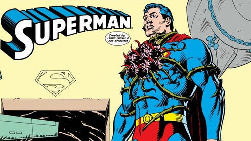 Superman with the Black Mercy attached to his chest