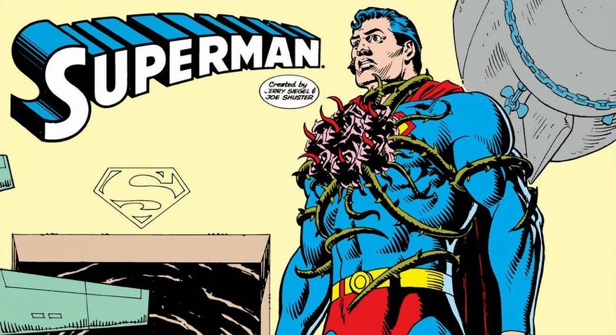 Superman with the Black Mercy attached to his chest