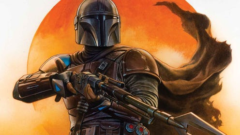 Marvel The Mandalorian Comic cover are issue one, The Mandalorian is holding a Mandalorian rifle while his cape flows behind him