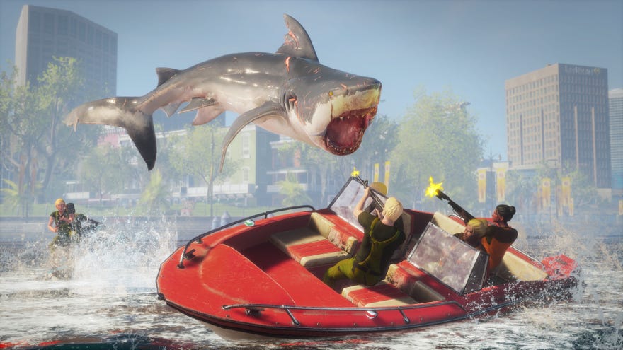 A shark jumping over a boat in a Maneater screenshot.