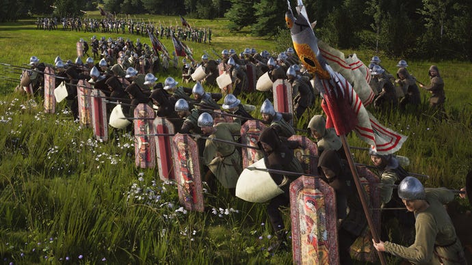 A line of soldiers prepare to charge in Manor Lords