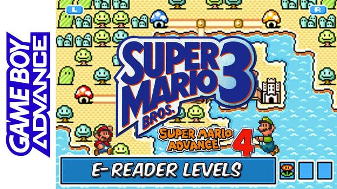 Boxart of Super Mario Bros. 3, E-Reader levels included on a Game Boy Advance box.