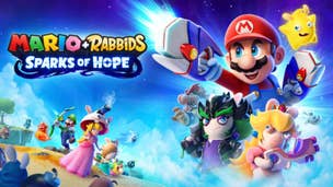In this Mario + Rabbids Sparks of Hope artwork, multiple characters can be seen including Mario, Luigi, Peach, Rabbid Peach, Rabbid Rosalina, Bowser, Edge, a Looma, a Goomba, and more.