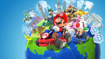 Mario Kart Tour promo art showing Mario and other racers speeding off a planet with recognizable landmarks like Big Ben and the Statue of Liberty in the background