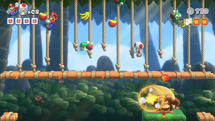 The side-on Mario vs. Donkey Kong game. Here, Mario climbs on a series of ropes on a jungle level, while underneath, Donkey Kong cowers, for some reason. Perhaps Mario is throwing things, which isn't very nice of him.
