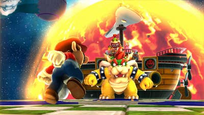 A screen from the Dolphin emulator of Mario challenging Bowser in Super Mario Galaxy