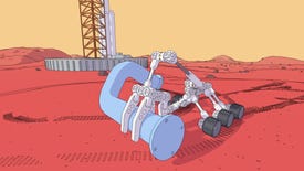 Breaking News A screenshot of Mars First Logistics exhibiting a six-wheeled robot with a intellectual arm carrying a pipe across the crimson surface of Mars.