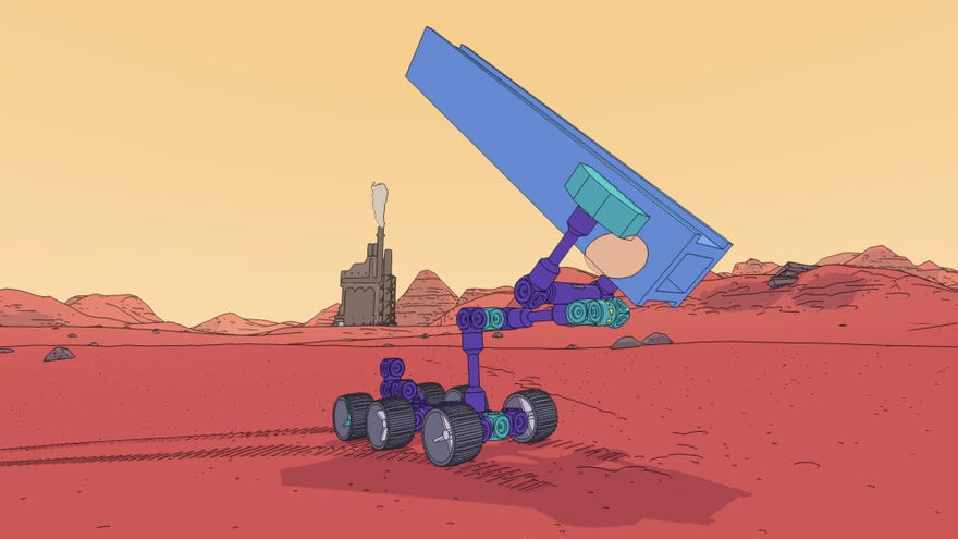 Breaking News An ungainly crimson and blue six-wheeled space buggy in Mars First Logistics