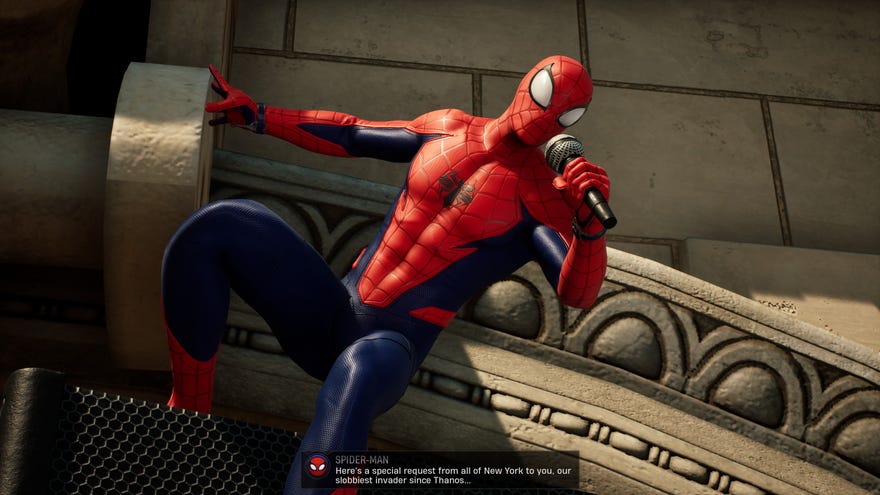 Spider-Man hangs off a building talking into a microphone in Marvel's Midnight Suns