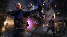 An image of Marvel's Avengers DLC Operation Hawkeye: Future Imperfect, showing Hawkeye (Clint Barton) in the foreground with an arrow loaded, and Kate Bishop in the background doing the same.