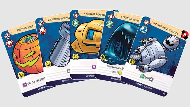 An image of some artefact cards for Marvel: Damage Control.