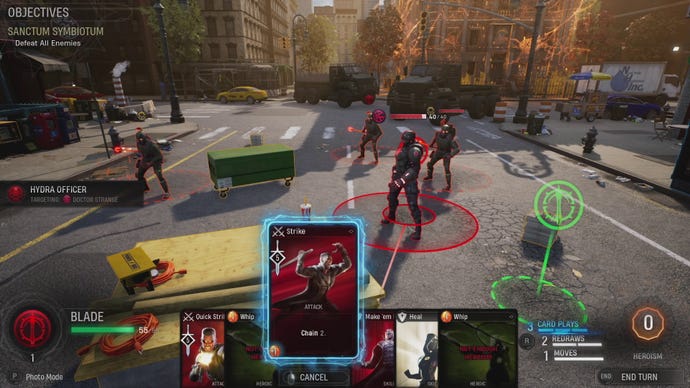 Blade uses a chain attack to biff multiple Hydra goons in Marvel's Midnight Suns