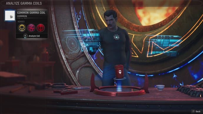 Tony Stark analyses gamma coils in front of an infernal forge in Marvel's Midnight Suns