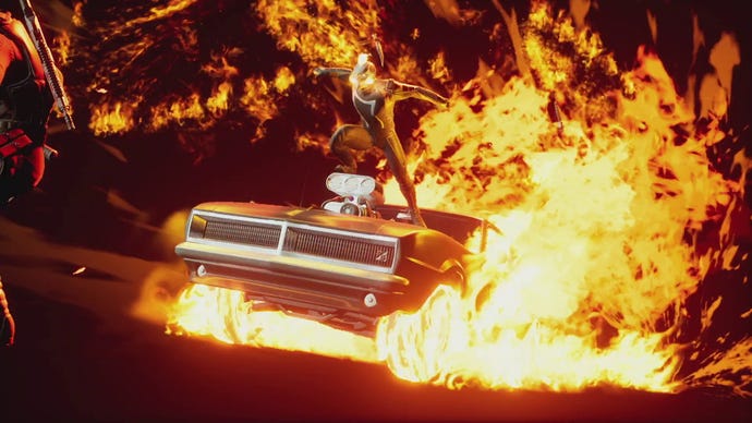 Ghost Rider stands on top of a flaming car in Marvel's Midnight Suns