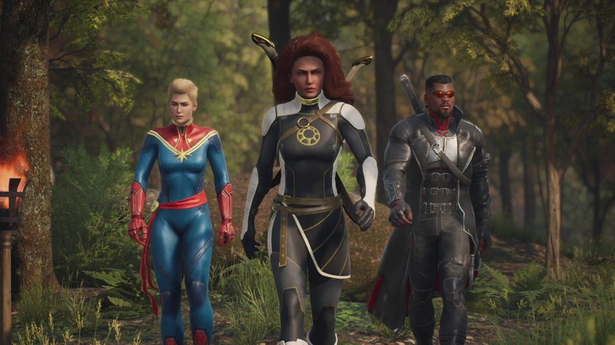 Three superheroes stride toward the camera in Marvel's Midnight Suns