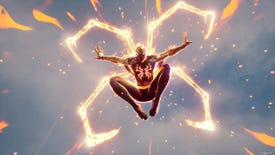 Spider-Man reveals his "true" from, which apparently has flaming spider-legs on his back as he leaps through the air.