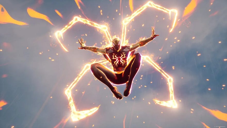 Spider-Man reveals his "true" from, which apparently has flaming spider-legs on his back as he leaps through the air.