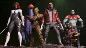 The team pose in a screenshot from Marvel's Guardians of the Galaxy.