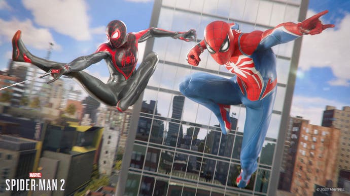 Both Peter Parker and Miles Morales take to the skies of New York in this key art from Spider-Man 2.